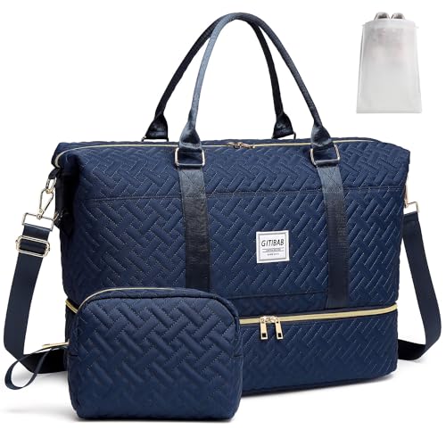 Duffle Bags für Damen, 50 l, gesteppt, Reise-Wochenendtasche mit Schuhfach, große Tragetasche, Sporttasche, Dunkelblau, Large von GITIBAB