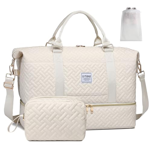 Weekender Bags for women,50L Quilted Travel Duffel Bag with Shoe Compartment, Large Carry On Overnight Tote Bag with Toiletry Bag & Trolley Sleeve,Krankenhaus-Taschen für Arbeit und Lieferung, Beige von GITIBAB