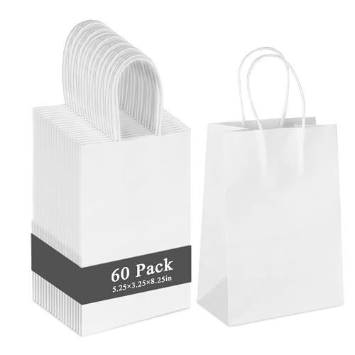 GITMIWS 60 Stück kleine weiße Papier-Geschenktüten, 13 x 8,25 x 21,6 cm, weiße Krafttüten mit Griffen, Papiertüten für kleine Unternehmen, Geburtstagspartys, Einzelhandel, Merchandise von GITMIWS