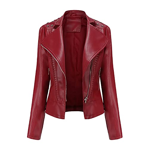 GITVIENAR Damen Bikerjacke Kunstleder, PU Lederjacke mit Reißverschluss Herbst Winter Kunstlederjacke kurzmantel Jacke Kurze (Rot, L) von GITVIENAR