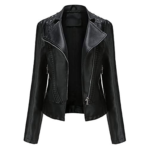 GITVIENAR Damen Bikerjacke Kunstleder, PU Lederjacke mit Reißverschluss Herbst Winter Kunstlederjacke kurzmantel Jacke Kurze (Schwarz, M) von GITVIENAR