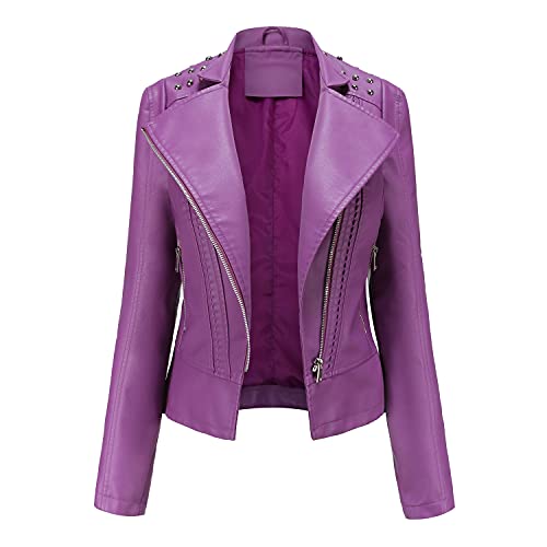 GITVIENAR Damen Bikerjacke Kunstleder, PU Lederjacke mit Reißverschluss Herbst Winter Kunstlederjacke kurzmantel Jacke Kurze (Violett, XL) von GITVIENAR