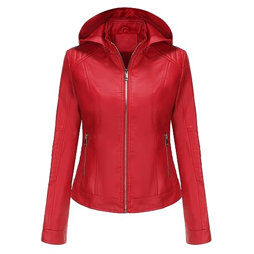 GITVIENAR Damen Frühlingsjacke mit abnehmbarer Kapuze, winddichte Kurzjacke für Freizeit (Rot,3XL) von GITVIENAR