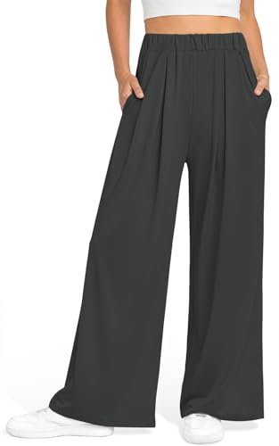 GITVIENAR Damen Hose Locker Freizeithose Outdoor Sporthose Sommerhose Mit Taschen Culotte Weites Bein Sweatpants Sommer Palazzo Hosen Gerade Yogahosen Lässige Beinhose für Indoor (Dunkelgrau,L) von GITVIENAR