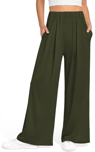 GITVIENAR Damen Hose Locker Freizeithose Outdoor Sporthose Sommerhose Mit Taschen Culotte Weites Bein Sweatpants Sommer Palazzo Hosen Gerade Yogahosen Lässige Beinhose für Indoor (Grün,L) von GITVIENAR