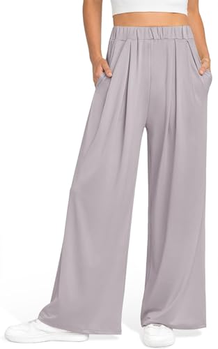 GITVIENAR Damen Hose Locker Freizeithose Outdoor Sporthose Sommerhose Mit Taschen Culotte Weites Bein Sweatpants Sommer Palazzo Hosen Gerade Yogahosen Lässige Beinhose für Indoor (Hellgrau,L) von GITVIENAR