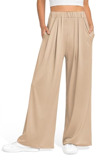 GITVIENAR Damen Hose Locker Freizeithose Outdoor Sporthose Sommerhose Mit Taschen Culotte Weites Bein Sweatpants Sommer Palazzo Hosen Gerade Yogahosen Lässige Beinhose für Indoor (Khaki,L) von GITVIENAR