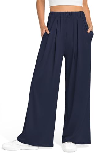 GITVIENAR Damen Hose Locker Freizeithose Outdoor Sporthose Sommerhose Mit Taschen Culotte Weites Bein Sweatpants Sommer Palazzo Hosen Gerade Yogahosen Lässige Beinhose für Indoor (Navy blau,L) von GITVIENAR