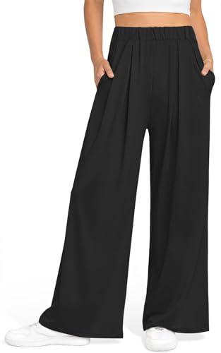 GITVIENAR Damen Hose Locker Freizeithose Outdoor Sporthose Sommerhose Mit Taschen Culotte Weites Bein Sweatpants Sommer Palazzo Hosen Gerade Yogahosen Lässige Beinhose für Indoor (Schwarz,S) von GITVIENAR