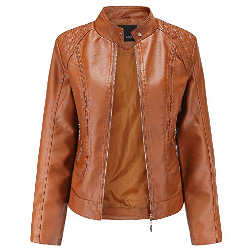 GITVIENAR Damen Jacke Motorrad Lederimitat Stehkragen Mantel Kunstleder Jacke Bikerjacke mit Nieten Reißverschluss für Outdoor Herbst Frühling von GITVIENAR