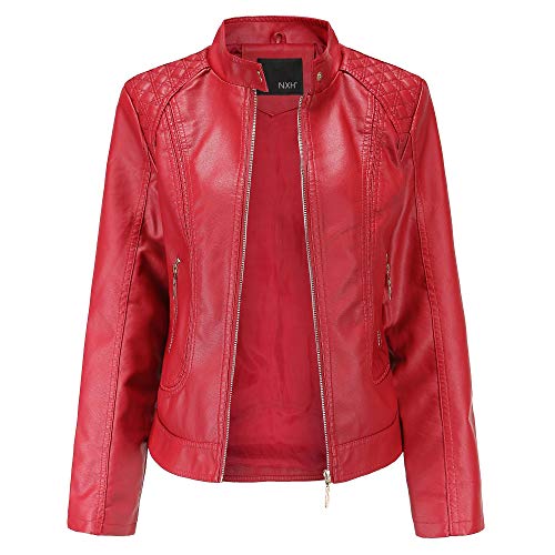 GITVIENAR Damen Jacke Motorrad Lederimitat Stehkragen Mantel Kunstleder Jacke Bikerjacke mit Nieten Reißverschluss für Outdoor Herbst Frühling von GITVIENAR