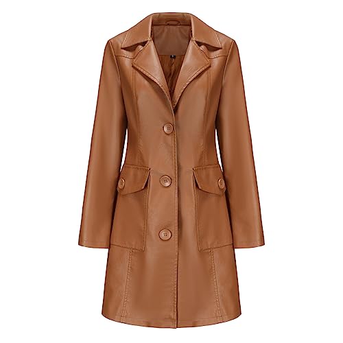GITVIENAR Damen Langarm Leder Trenchcoat, Lange Lederjacke mit Stehkragen und Einreiher, Eleganter Mantel für Frauen (Kamel,XL) von GITVIENAR