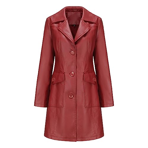 GITVIENAR Damen Langarm Leder Trenchcoat, Lange Lederjacke mit Stehkragen und Einreiher, Eleganter Mantel für Frauen (Weinrot,3XL) von GITVIENAR