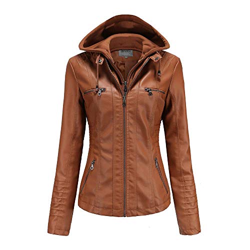 GITVIENAR Damen Lederjacke Kapuze Kunstleder Motorradjacke Bikerjacke Ladies Oberbekleidung mit Reißverschluss und Tasche (Braun, L) von GITVIENAR