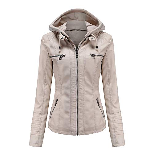 GITVIENAR Damen Lederjacke Kapuze Kunstleder Motorradjacke Bikerjacke Ladies Oberbekleidung mit Reißverschluss und Tasche (Hell-Pink, 3XL) von GITVIENAR