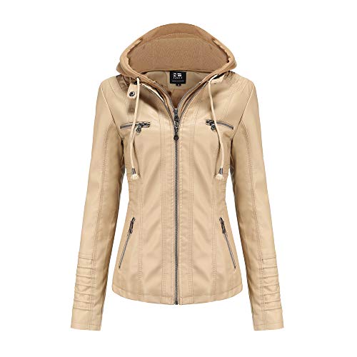 GITVIENAR Damen Lederjacke Kapuze Kunstleder Motorradjacke Bikerjacke Ladies Oberbekleidung mit Reißverschluss und Tasche (Hellbraun, L) von GITVIENAR