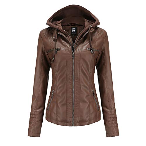 GITVIENAR Damen Lederjacke Kapuze Kunstleder Motorradjacke Bikerjacke Ladies Oberbekleidung mit Reißverschluss und Tasche (Kaffee, 3XL) von GITVIENAR