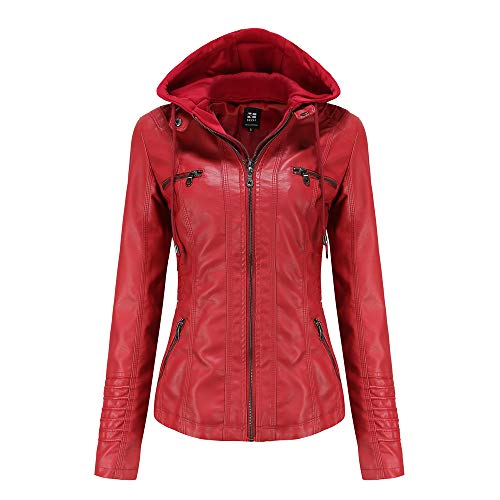 GITVIENAR Damen Lederjacke Kapuze Kunstleder Motorradjacke Bikerjacke Ladies Oberbekleidung mit Reißverschluss und Tasche (Rot, 3XL) von GITVIENAR