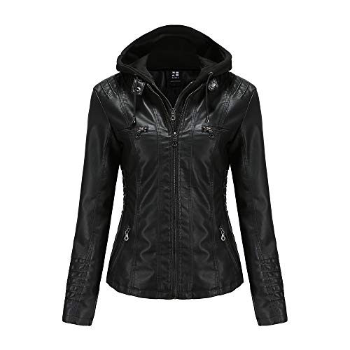 GITVIENAR Damen Lederjacke Kapuze Kunstleder Motorradjacke Bikerjacke Ladies Oberbekleidung mit Reißverschluss und Tasche (Schwarz, L) von GITVIENAR