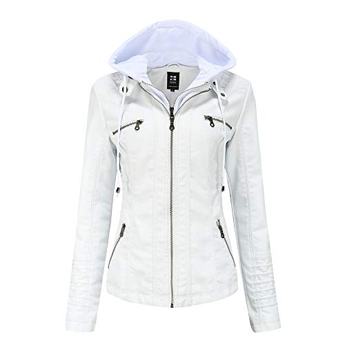 GITVIENAR Damen Lederjacke Kapuze Kunstleder Motorradjacke Bikerjacke Ladies Oberbekleidung mit Reißverschluss und Tasche (Weiß, 3XL) von GITVIENAR