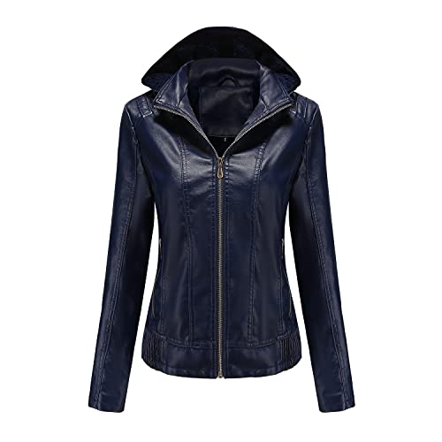 GITVIENAR Damen Lederjacke mit abnehmbarer Kapuze, Reißverschluss, Langarm, Tailliert, Gefütterte Ledermantel (Blau,L) von GITVIENAR