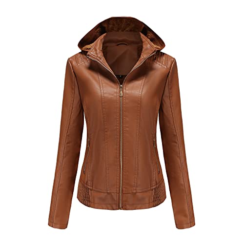 GITVIENAR Damen Lederjacke mit abnehmbarer Kapuze, Reißverschluss, Langarm, Tailliert, Gefütterte Ledermantel (Dunkelbraun,3XL) von GITVIENAR