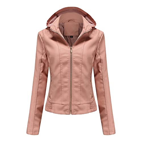 GITVIENAR Damen Lederjacke mit abnehmbarer Kapuze, Reißverschluss, Langarm, Tailliert, Gefütterte Ledermantel (Rosa,M) von GITVIENAR