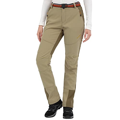 GITVIENAR Damen Outdoorhose Gefüttert Wanderhose Wasserdicht Winddicht Softshellhose Atmungsaktiv Warm Winterhose Trekkinghose Herbst Winter (Khaki, S) von GITVIENAR