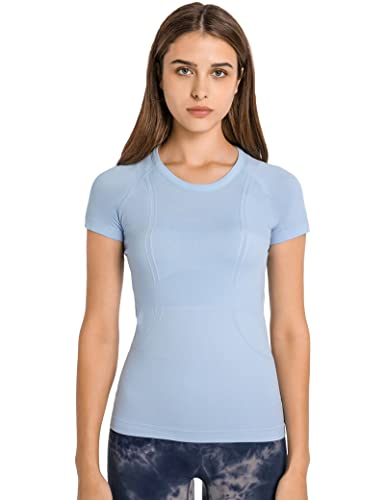 GITVIENAR Damen Sport T-Shirt Laufshirt Trainingsshirt Kurzarm Rundhals Atmungsaktiv Schnelltrocknend Top Oberteile für Fitness Yoga Gym,1er Pack (Blau, XS) von GITVIENAR