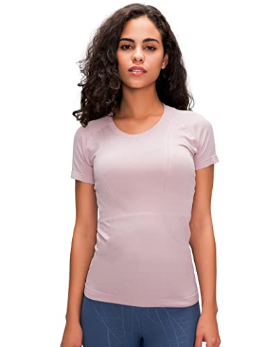 GITVIENAR Damen Sport T-Shirt Laufshirt Trainingsshirt Kurzarm Rundhals Atmungsaktiv Schnelltrocknend Top Oberteile für Fitness Yoga Gym,1er Pack (Purpur Rosa, M) von GITVIENAR