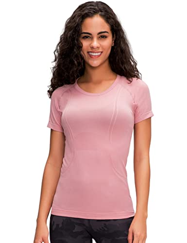 GITVIENAR Damen Sport T-Shirt Laufshirt Trainingsshirt Kurzarm Rundhals Atmungsaktiv Schnelltrocknend Top Oberteile für Fitness Yoga Gym,1er Pack (Rosa, S) von GITVIENAR