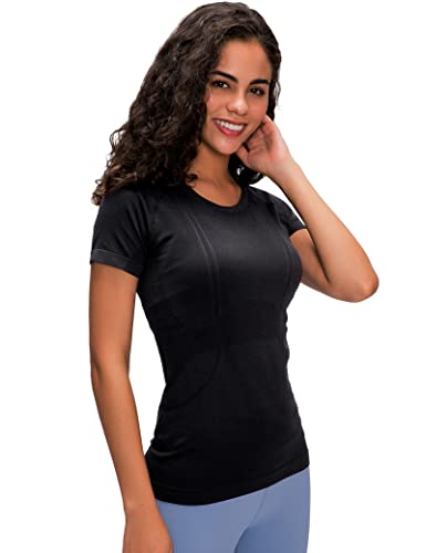 GITVIENAR Damen Sport T-Shirt Laufshirt Trainingsshirt Kurzarm Rundhals Atmungsaktiv Schnelltrocknend Top Oberteile für Fitness Yoga Gym,1er Pack (Schwarz, S) von GITVIENAR