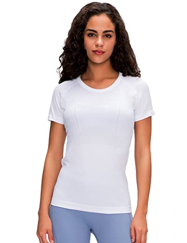 GITVIENAR Damen Sport T-Shirt Laufshirt Trainingsshirt Kurzarm Rundhals Atmungsaktiv Schnelltrocknend Top Oberteile für Fitness Yoga Gym,1er Pack (Weiß, M) von GITVIENAR