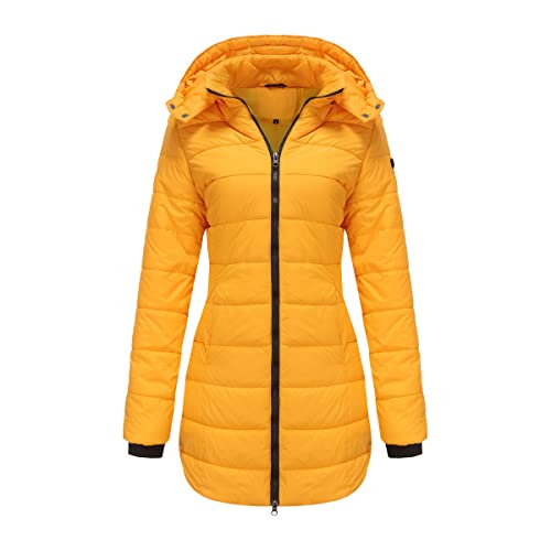 GITVIENAR Damen Winterjacke mit abnehmbarer Kapuze, wasserdichte Daunenjacke in Übergröße, langärmliger Mantel, warme Wintermantel für Frauen (Gelb,L) von GITVIENAR