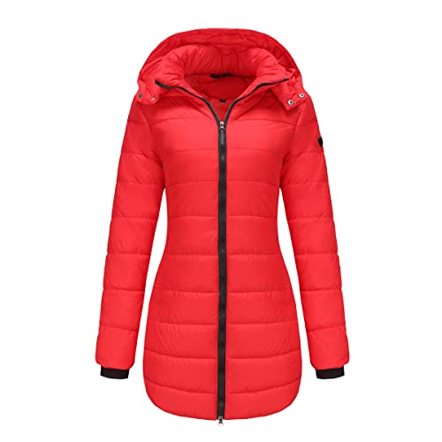 GITVIENAR Damen Winterjacke mit abnehmbarer Kapuze, wasserdichte Daunenjacke in Übergröße, langärmliger Mantel, warme Wintermantel für Frauen (Rot,4XL) von GITVIENAR