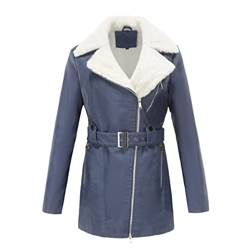 GITVIENAR Damen Wintermantel mit kuscheligem Innenfutter, Langarm Lederjacke mit Stehkragen und Taillengürtel (Jeans blau,M) von GITVIENAR