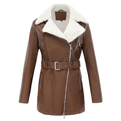 GITVIENAR Damen Wintermantel mit kuscheligem Innenfutter, Langarm Lederjacke mit Stehkragen und Taillengürtel (Kaffee,XL) von GITVIENAR