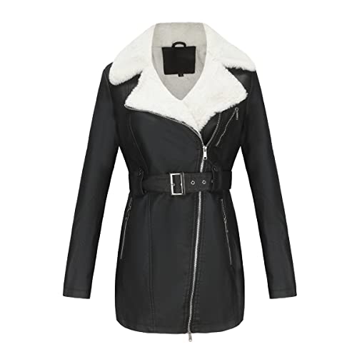 GITVIENAR Damen Wintermantel mit kuscheligem Innenfutter, Langarm Lederjacke mit Stehkragen und Taillengürtel (Schwarz,XL) von GITVIENAR