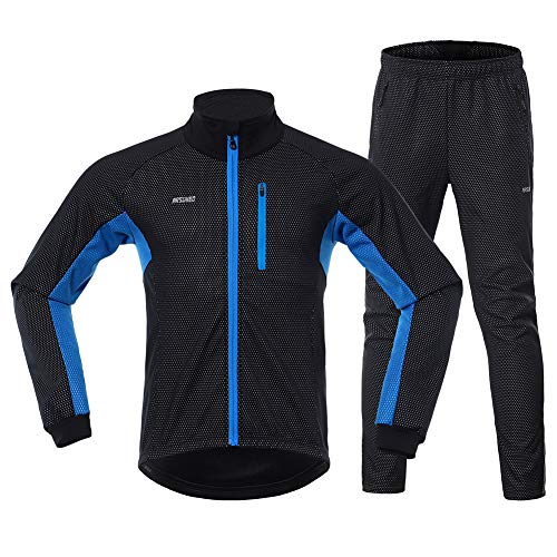 GITVIENAR Fahrrad Trikot Set Winter, Radjacke +Lange Radhose Wasserdicht Winddicht Atmungsaktiv Reflektierend Warm Fleece Fahrradbekleidung Set Radtrikot Herren Damen (Blau, XL) von GITVIENAR