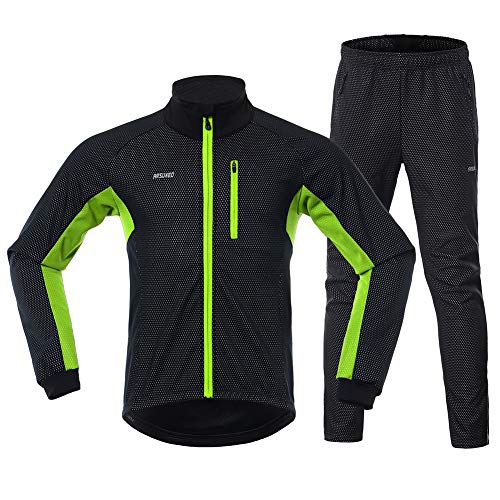 GITVIENAR Fahrrad Trikot Set Winter, Radjacke +Lange Radhose Wasserdicht Winddicht Atmungsaktiv Reflektierend Warm Fleece Fahrradbekleidung Set Radtrikot Herren Damen (Grün, L) von GITVIENAR