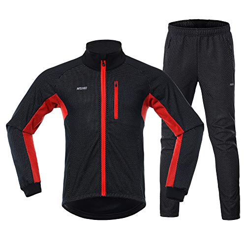 GITVIENAR Fahrrad Trikot Set Winter, Radjacke +Lange Radhose Wasserdicht Winddicht Atmungsaktiv Reflektierend Warm Fleece Fahrradbekleidung Set Radtrikot Herren Damen (Rot, L) von GITVIENAR