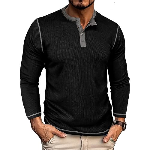 GITVIENAR Herren Langarmshirt, hochwertiger Stoff, Kragen-Henley-Shirt, ideales Hemd für Herbst und Winter (Schwarz,L) von GITVIENAR