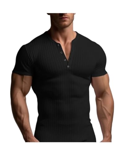 GITVIENAR Herren T-Shirt Enge Passform - Sport Muskel Kurzarmshirt Fitness Elastischer Ribbed Slim Fit Einfarbig - Atmungsaktiv und Schnell Trocknend - Perfekt für Training und Freizeit (Schwarz,XL) von GITVIENAR