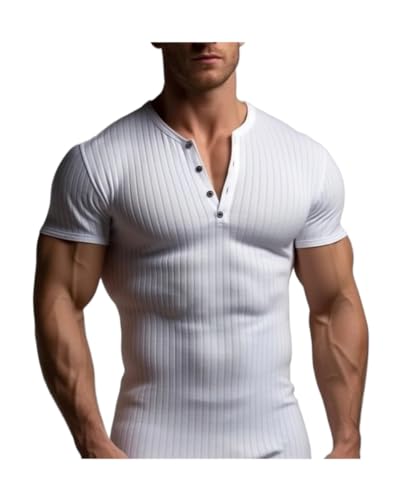 GITVIENAR Herren T-Shirt Enge Passform - Sport Muskel Kurzarmshirt Fitness Elastischer Ribbed Slim Fit Einfarbig - Atmungsaktiv und Schnell Trocknend - Perfekt für Training und Freizeit (Weiß,S) von GITVIENAR