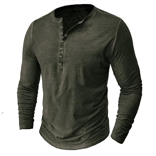 GITVIENAR Herrenmode: Im angesagten Vintage-Henley-Stil designtes Polo-Shirt mit Langen Ärmeln, Knopfleiste, V-Ausschnitt und Wasserwäsche-Effekt (Armeegrün,L) von GITVIENAR