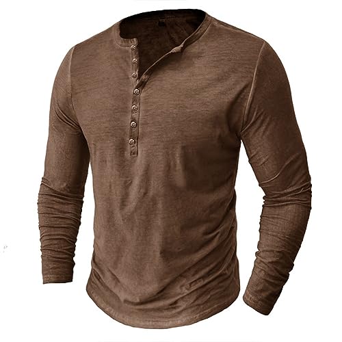 GITVIENAR Herrenmode: Im angesagten Vintage-Henley-Stil designtes Polo-Shirt mit Langen Ärmeln, Knopfleiste, V-Ausschnitt und Wasserwäsche-Effekt (Khaki,M) von GITVIENAR