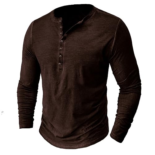 GITVIENAR Herrenmode: Im angesagten Vintage-Henley-Stil designtes Polo-Shirt mit Langen Ärmeln, Knopfleiste, V-Ausschnitt und Wasserwäsche-Effekt (braun,M) von GITVIENAR