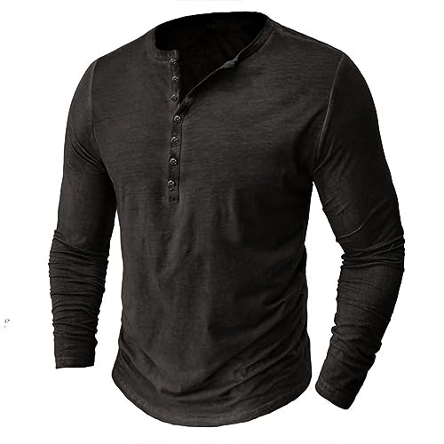 GITVIENAR Herrenmode: Im angesagten Vintage-Henley-Stil designtes Polo-Shirt mit Langen Ärmeln, Knopfleiste, V-Ausschnitt und Wasserwäsche-Effekt (dunkelgrau,XL) von GITVIENAR