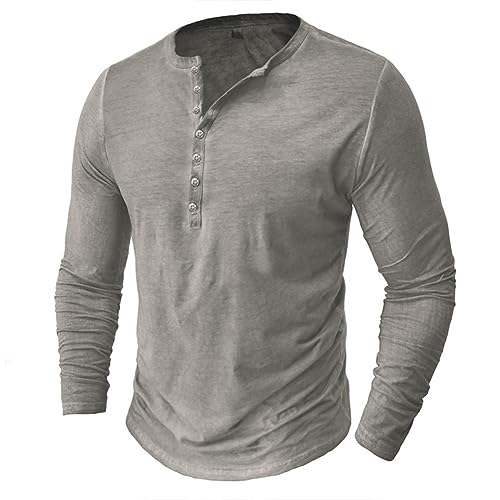 GITVIENAR Herrenmode: Im angesagten Vintage-Henley-Stil designtes Polo-Shirt mit Langen Ärmeln, Knopfleiste, V-Ausschnitt und Wasserwäsche-Effekt (hellgrau,XL) von GITVIENAR