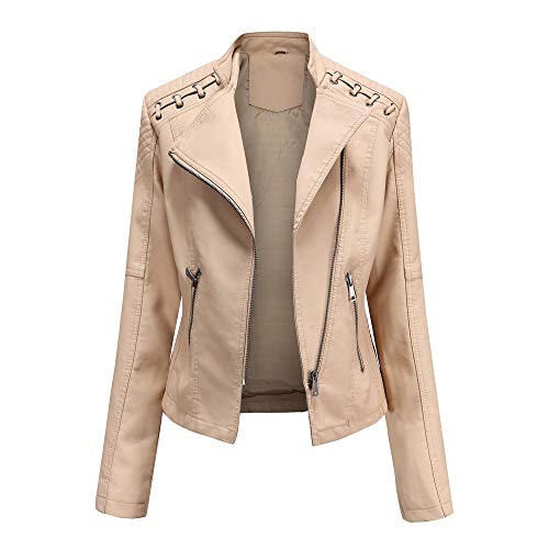 GITVIENAR Kunstlederjacke Damen mit Reißverschluss, PU Zip Jacke Damen für Frühling Herbst,leichtweiht Motorradjacke Winddichte (Beige, L) von GITVIENAR